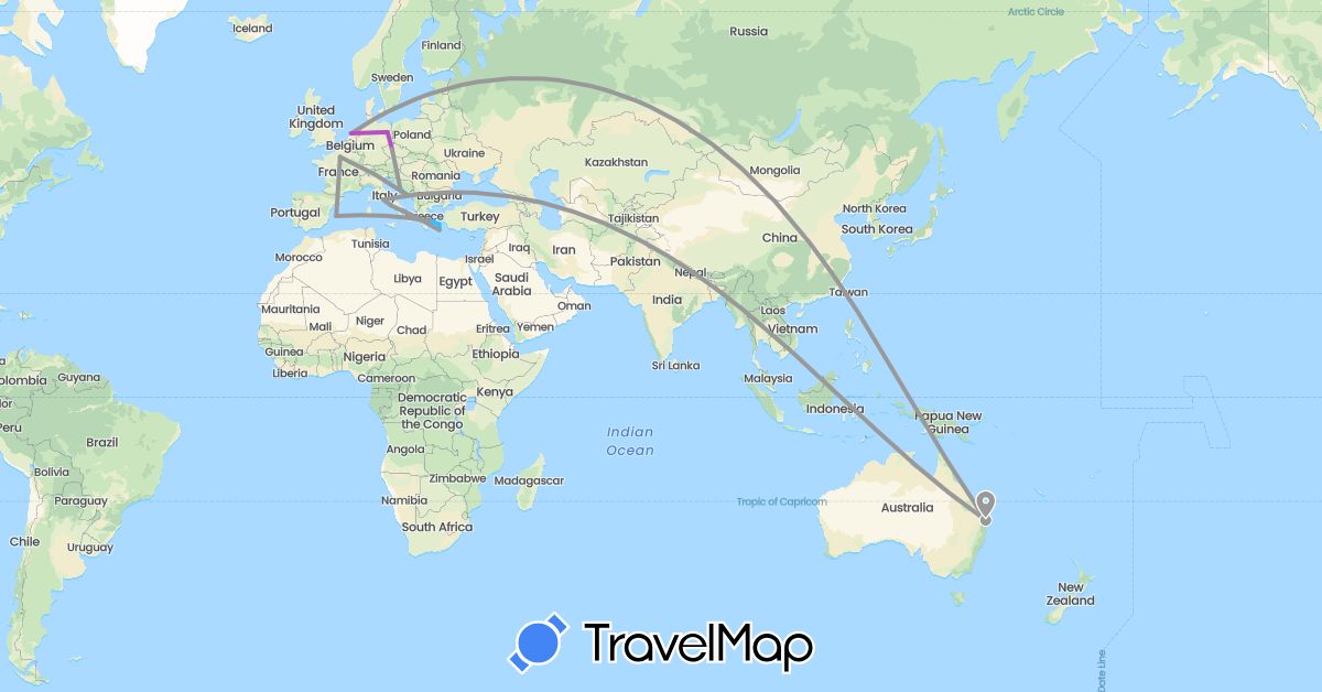 TravelMap itinerary: driving, plane, train, boat in Australia, Czech Republic, Germany, Spain, France, Greece, Croatia, Italy, Netherlands (Europe, Oceania)